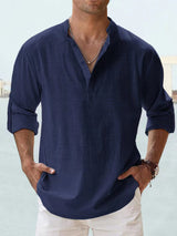Camisa de Algodón y Lino para Hombre - Manga Larga Holgada Casual Talla Plus