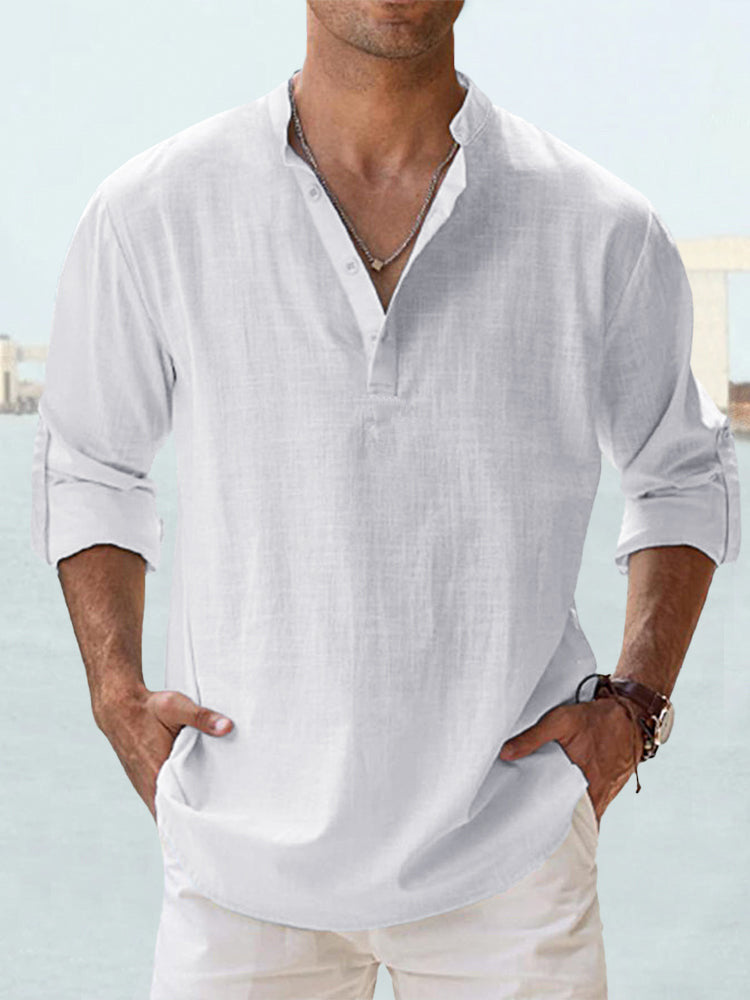 Camisa de Algodón y Lino para Hombre - Manga Larga Holgada Casual Talla Plus