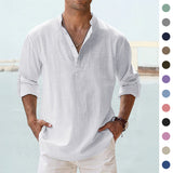 Camisa de Algodón y Lino para Hombre - Manga Larga Holgada Casual Talla Plus