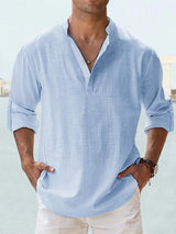 Camisa de Algodón y Lino para Hombre - Manga Larga Holgada Casual Talla Plus