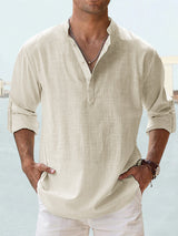 Camisa de Algodón y Lino para Hombre - Manga Larga Holgada Casual Talla Plus