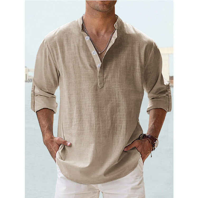 Camisa de Algodón y Lino para Hombre - Manga Larga Holgada Casual Talla Plus