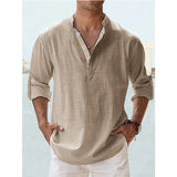 Camisa de Algodón y Lino para Hombre - Manga Larga Holgada Casual Talla Plus